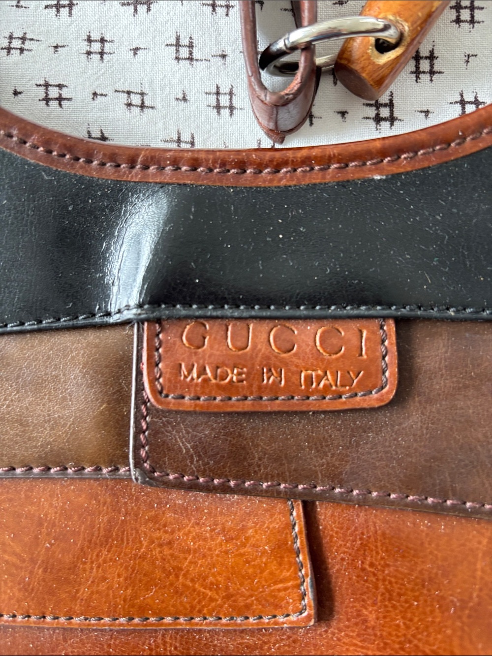 Gucci-style bag, layered leather, dark brown, lite brown, black, wood handle - Picture 2 of 16